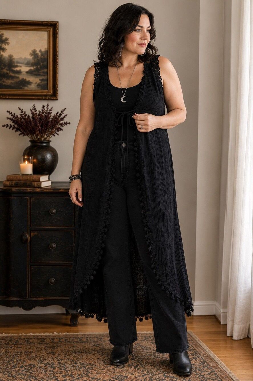 Black Lace Trim Gauze Duster Vest Whimsigoth Fairy Gothic Open Front XXL